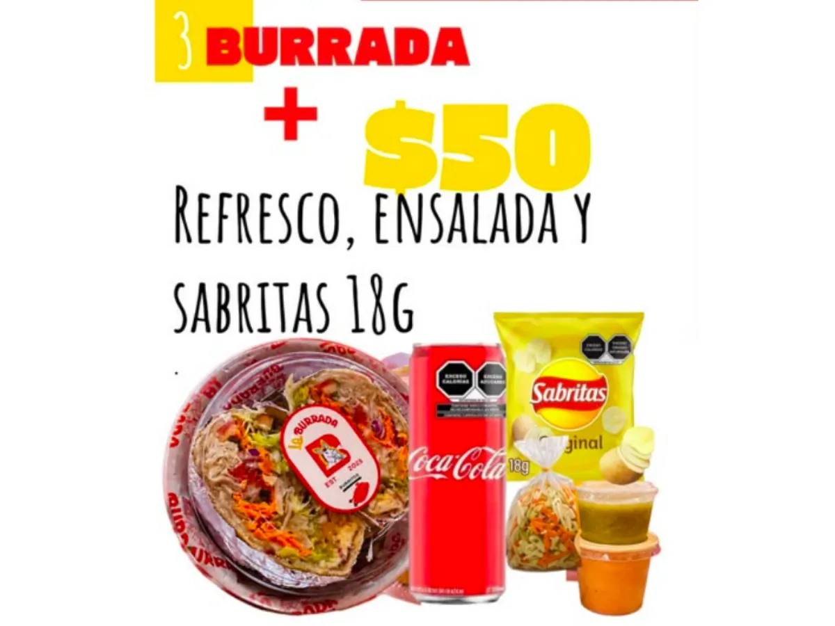 Combo 3 Burrada + Refresco, Ensalada y papitas