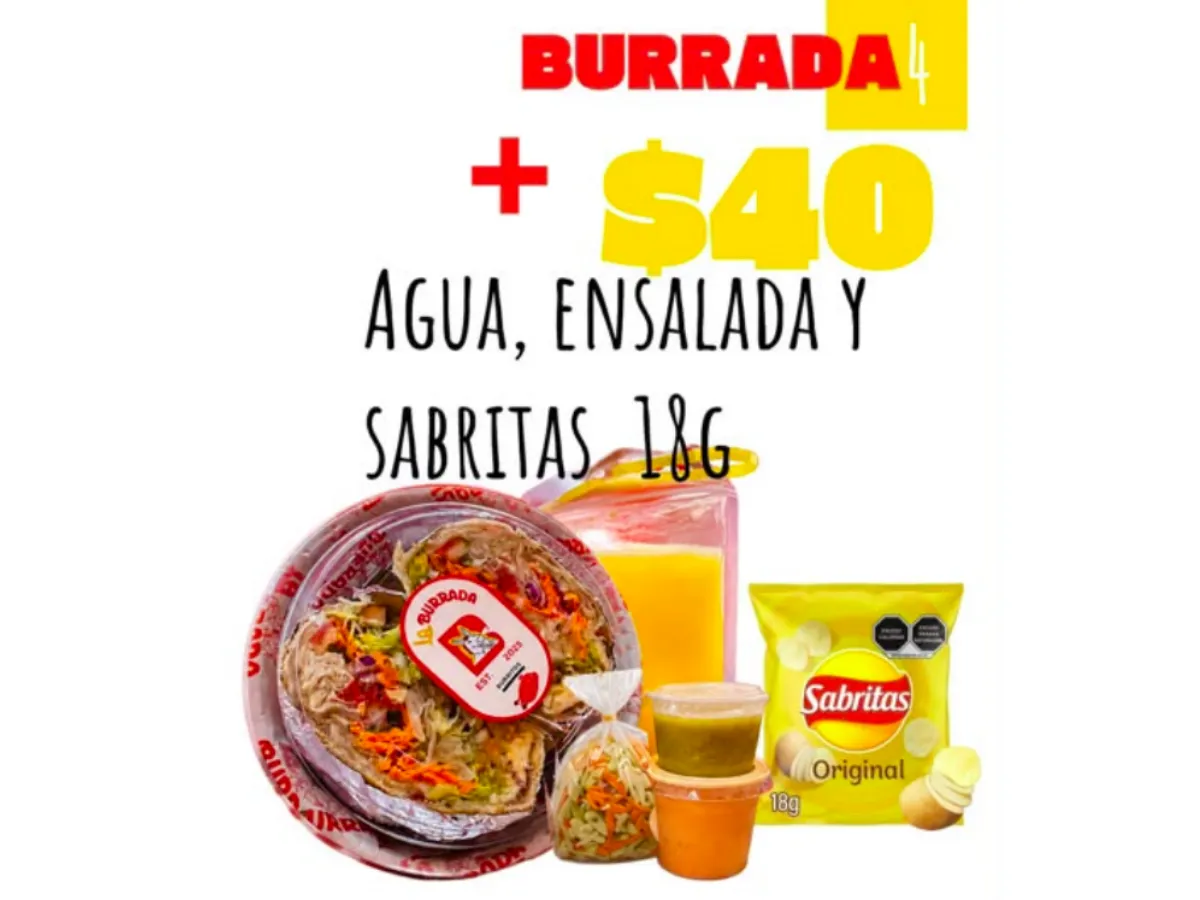 Combo 4 Burrada + Agua, Ensalada y papitas